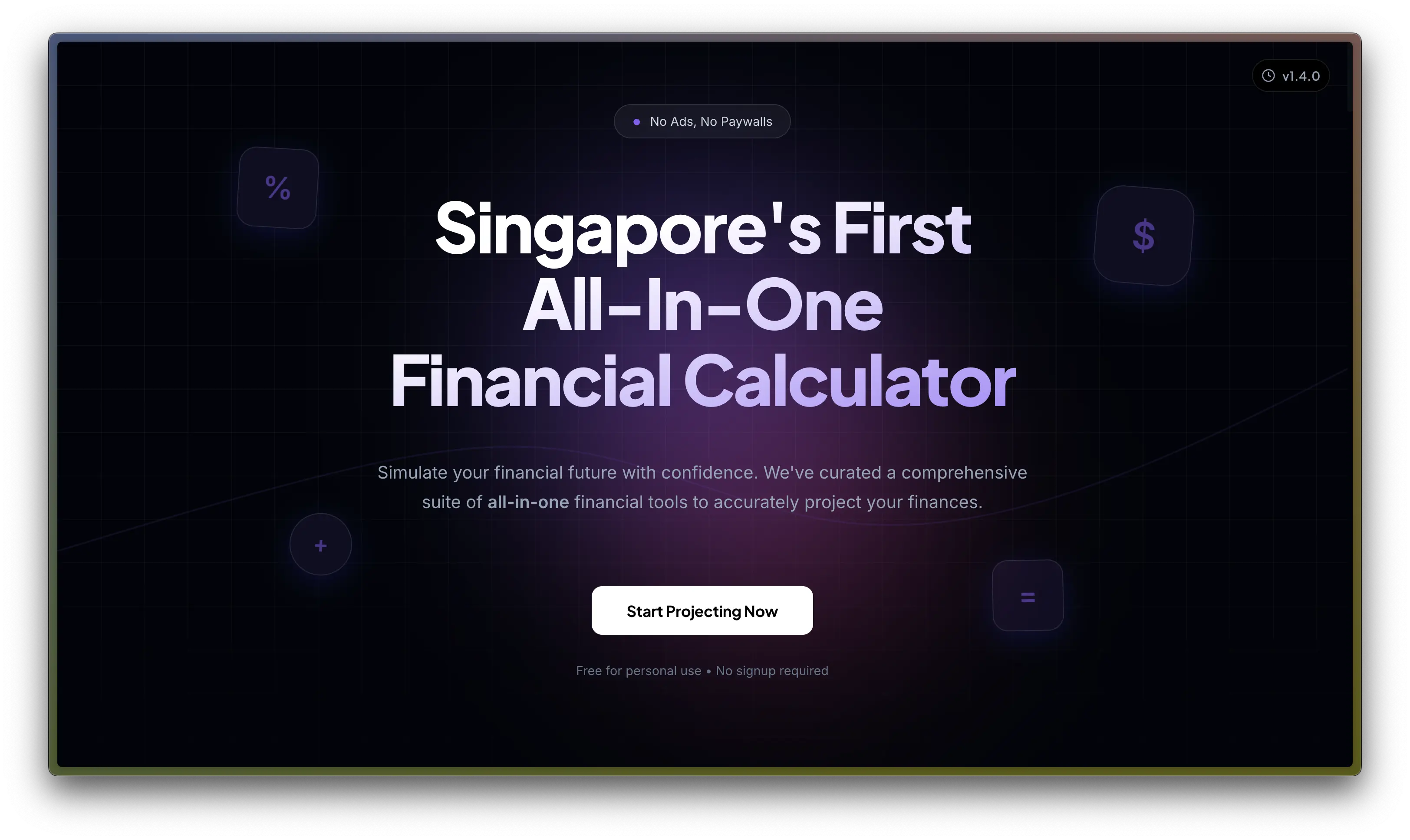 Singapore Financial Calculator — dark dashboard with analytics charts and financial simulation tools